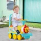 Colorful 6V electric kids ride-on toy train with backrest, suitable for children aged 3+, on flat outdoor ground.